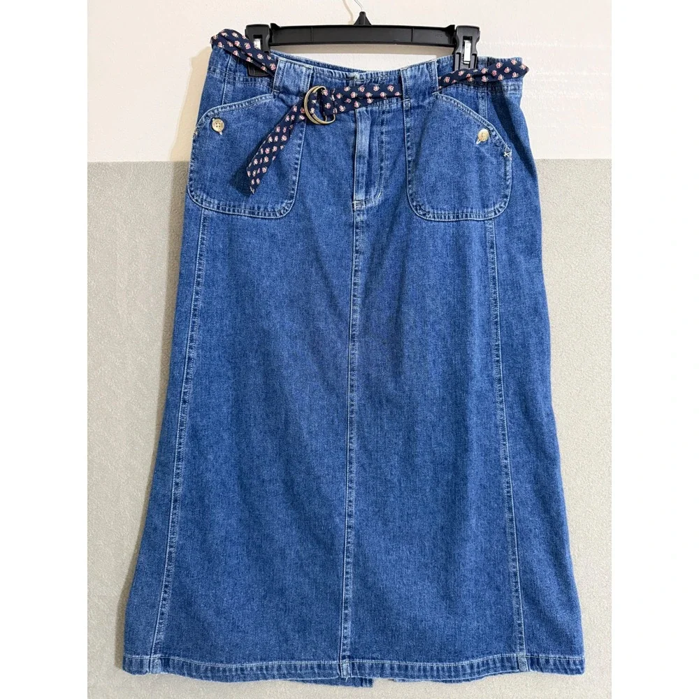 Vtg‎ Blue jean Skirt Womens 12 Petite A-Line Belted Cottagecore boho minimalist